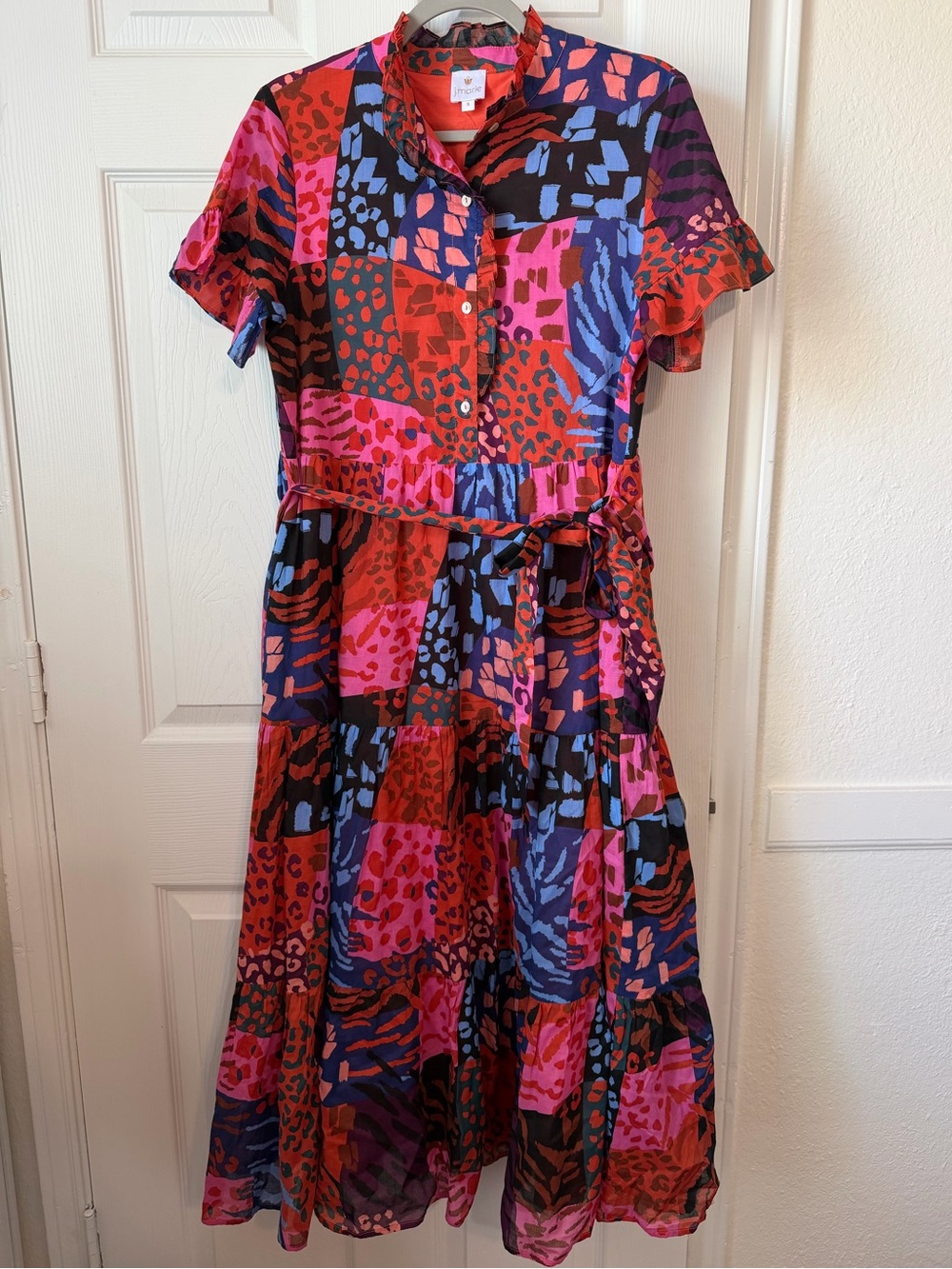 J.Marie Patchwork Animal Print Tiered Midi Dress Belted Cotton Size S